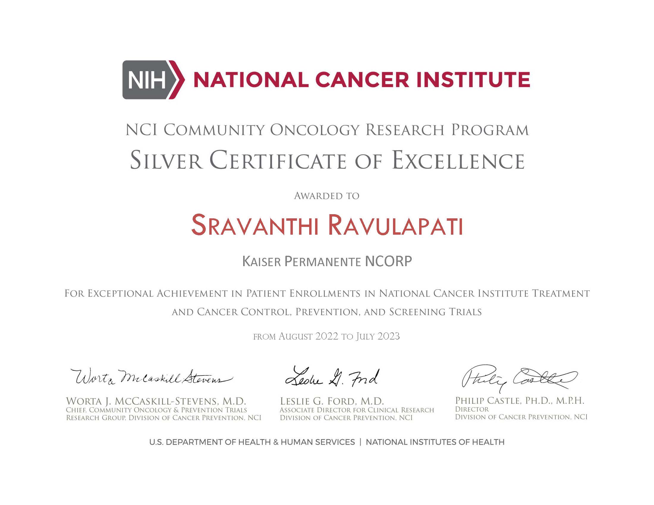 Image of Dr. Ravulapati's Silver Certificate of Excellence for their exceptional achievement in clinical trial participation.